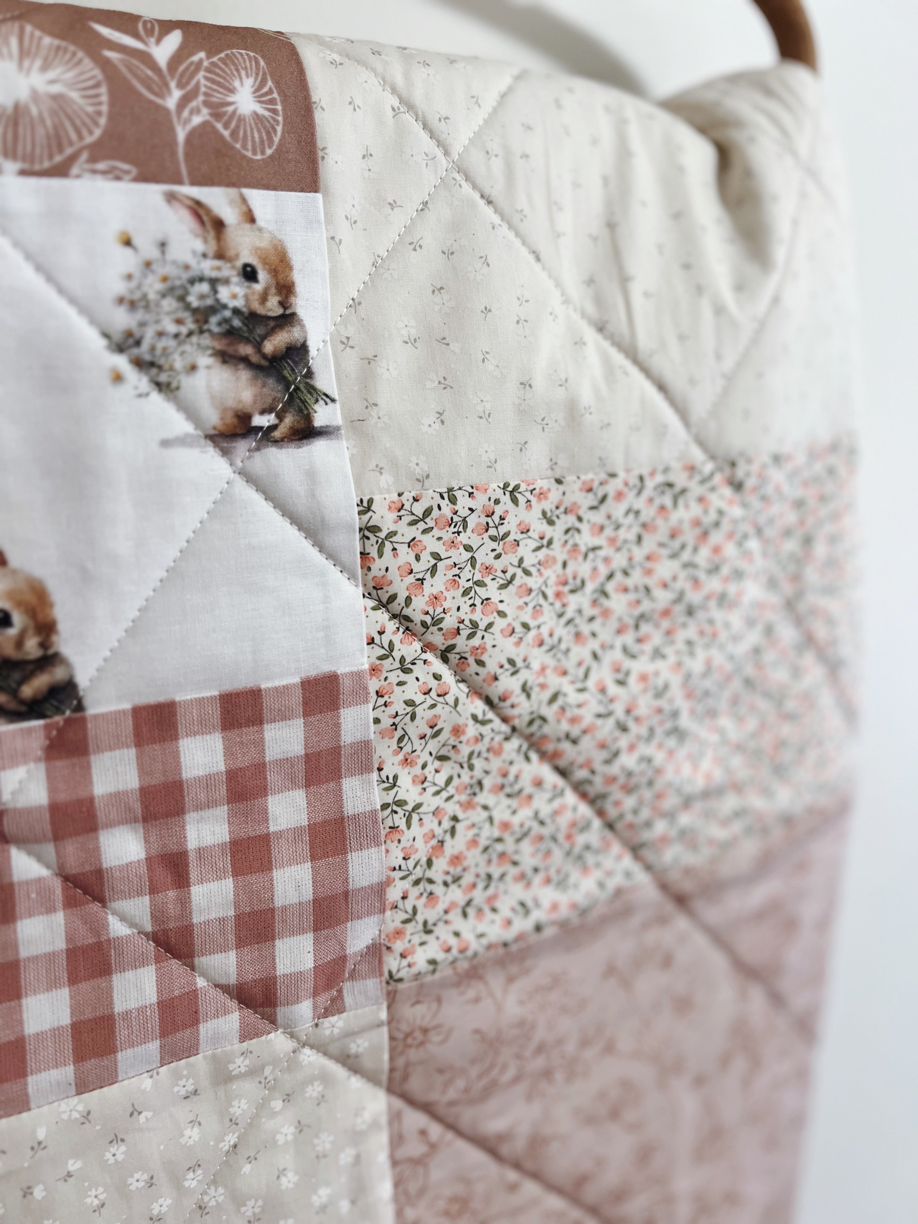 cottagecore bunnies patchwork baby quilt dusty rose gingham - ready to ship