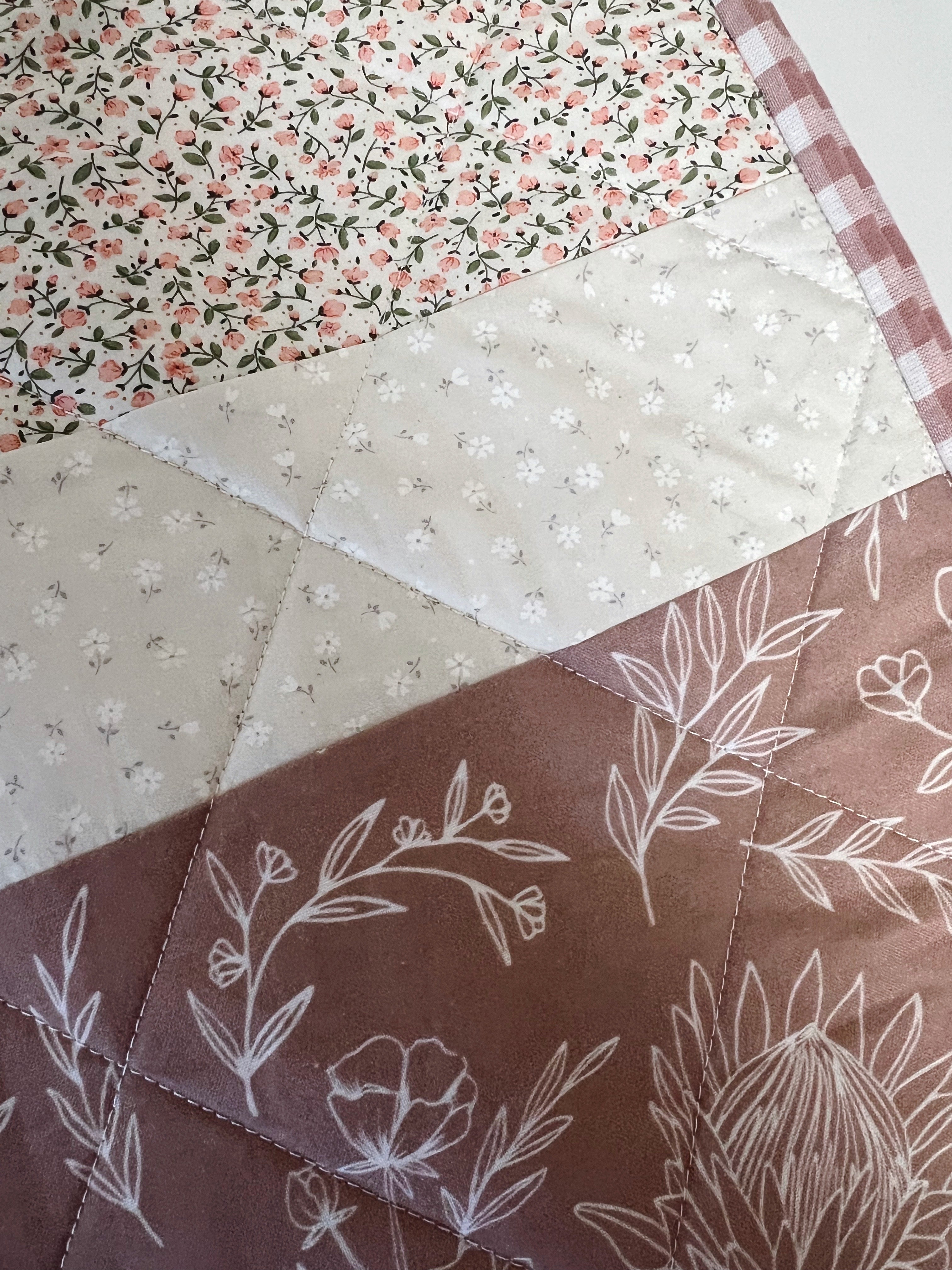 cottagecore bunnies patchwork baby quilt dusty rose gingham - ready to ship