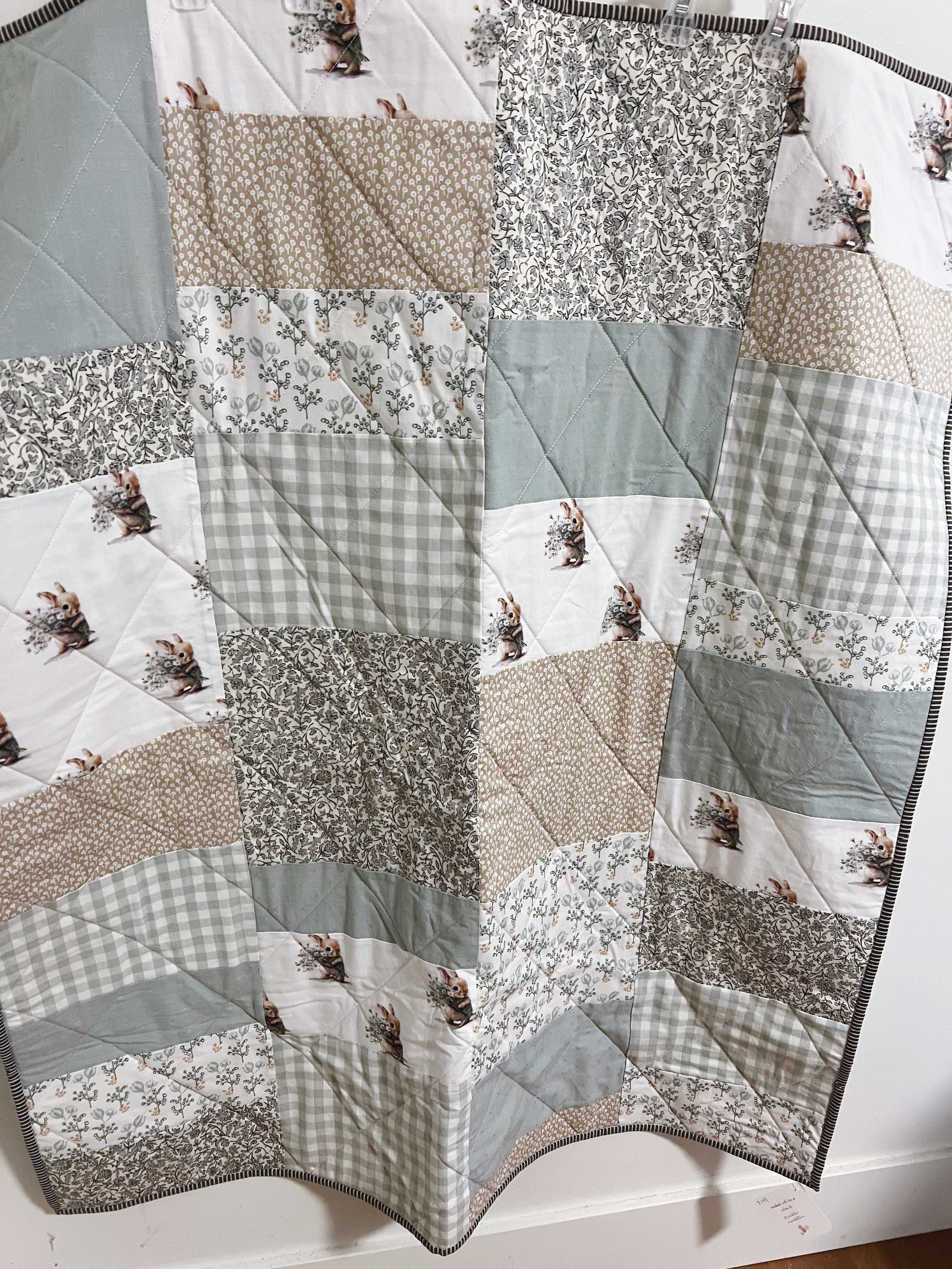 cottagecore bunnies patchwork baby quilt sky blue gingham - ready to ship