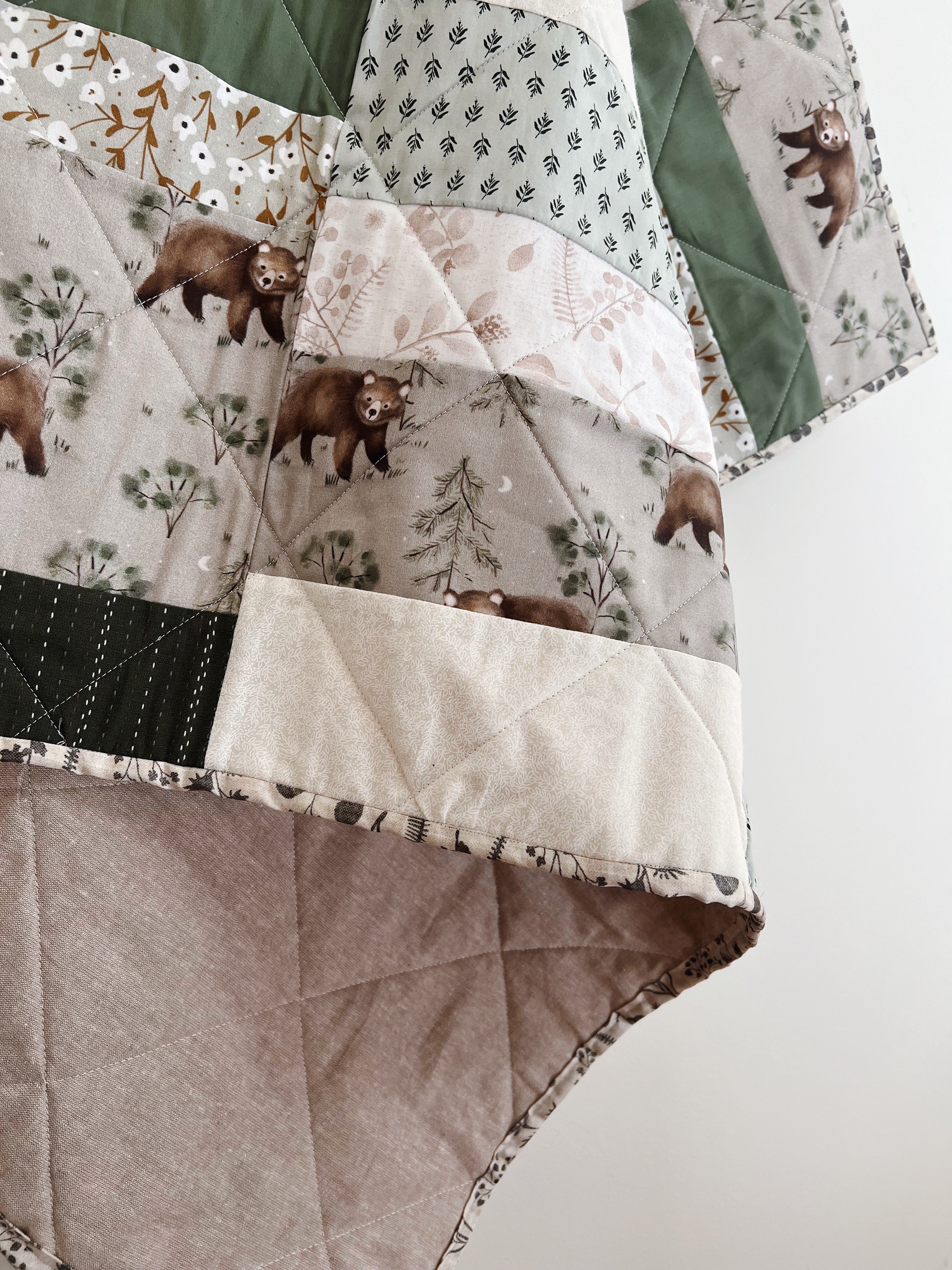 Foraging Bears Patchwork Baby Quilt - Ready to Ship
